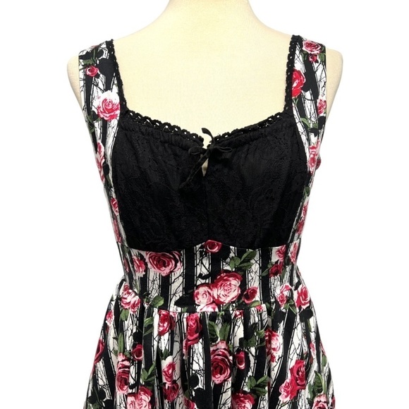 Hot Topic Corset Striped Rose Print Lace Pin Up Rockabilly Dress Womens Medium - Picture 6 of 16